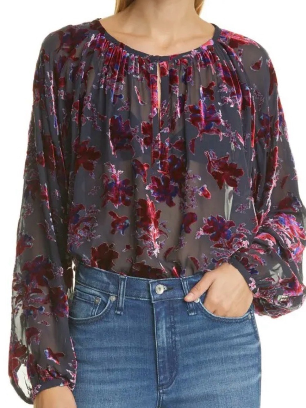 RAG & BONE NAVY VELVET BURNOUT PINK PURPLE FLORAL PATTERN YUNI BLOUSE SZ LARGE